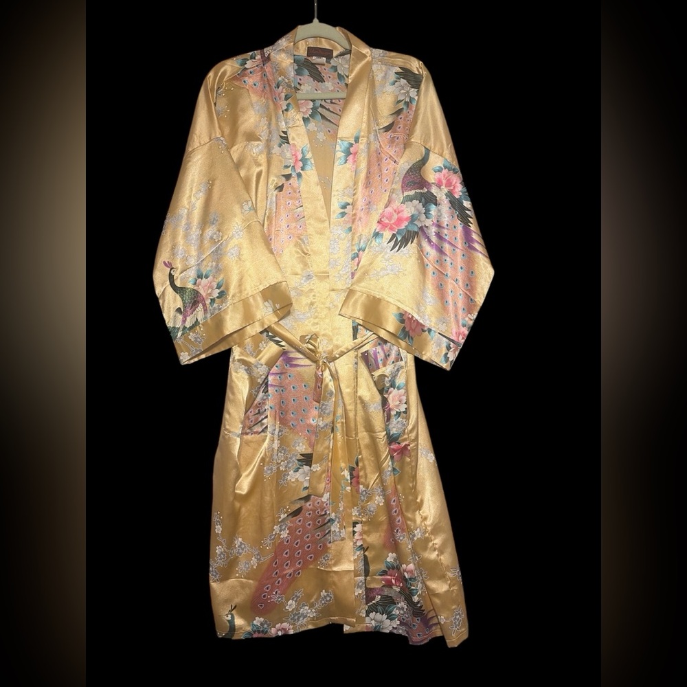 Vintage Y2K Golden Silk BlendPeacock Robe | Asian-Inspired | Belted Kimono Style